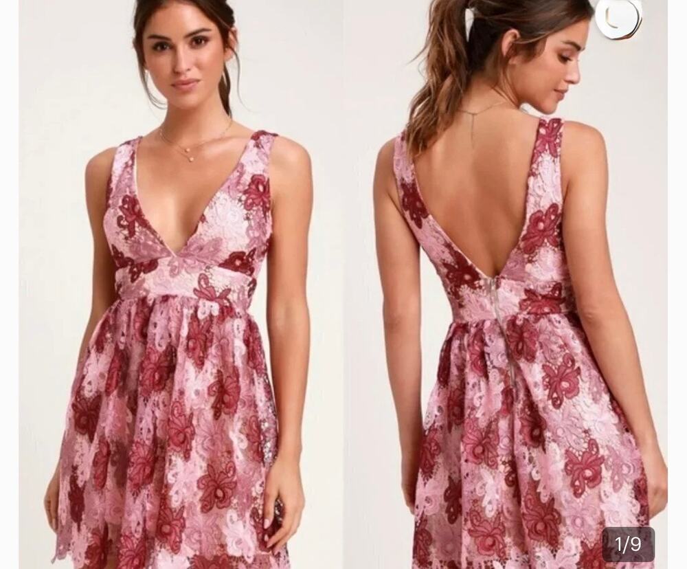 Lulus Sweetest Love Mauve Multi Lace Deep V Mini Dress Medium NWT
